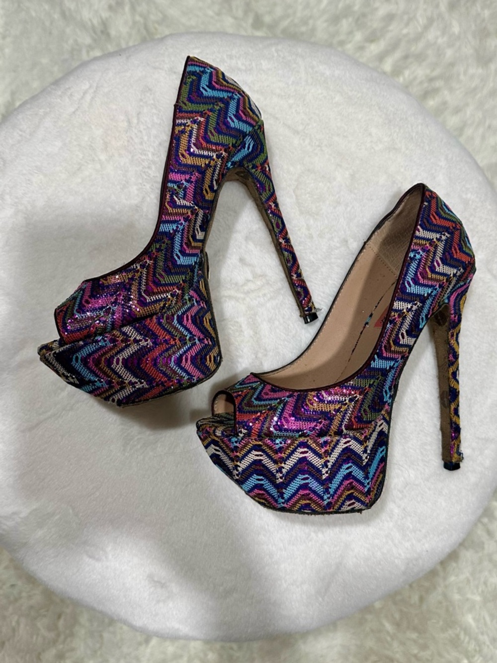 Betsey Johnson Multicolor Zigzag Sequin Platform Peep-Toe Pumps